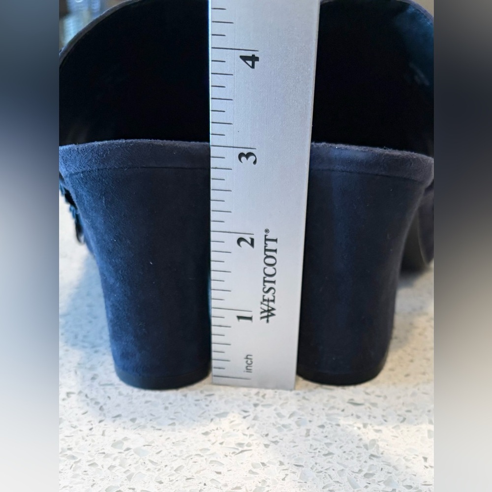 Navy Blue Block Heel Open Toe Slide Sandals Leather & Suede With Sequin Design - Picture 12 of 15